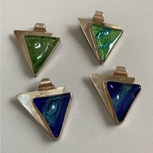 Magical Fancy Set of 4 Blue/Green Triangle Pendant.Stamped 925